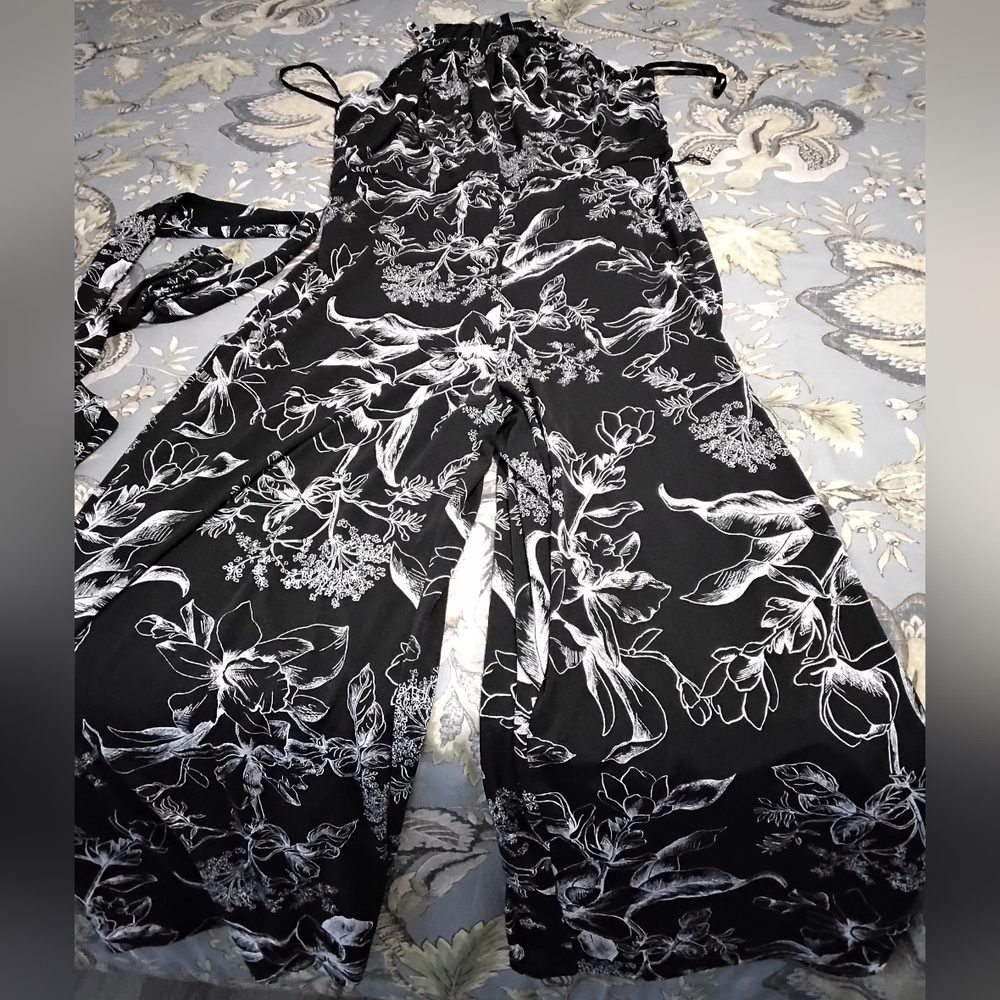 White House Black Market Black & White Floral Halter Jumpsuit